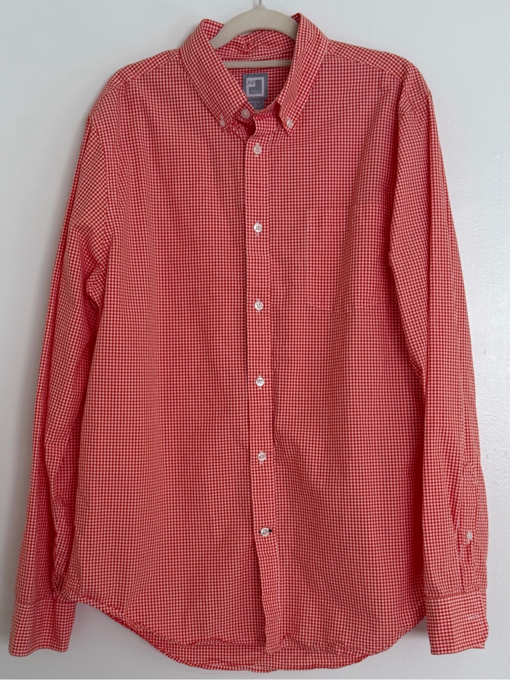 JCPenney Men’s Red Gingham Shirt 2-Ply Cotton Size Large L